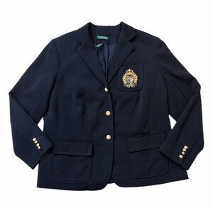 Lauren Ralph Lauren Wool Blend Blazer with Crest Patch and Gold Tone Buttons